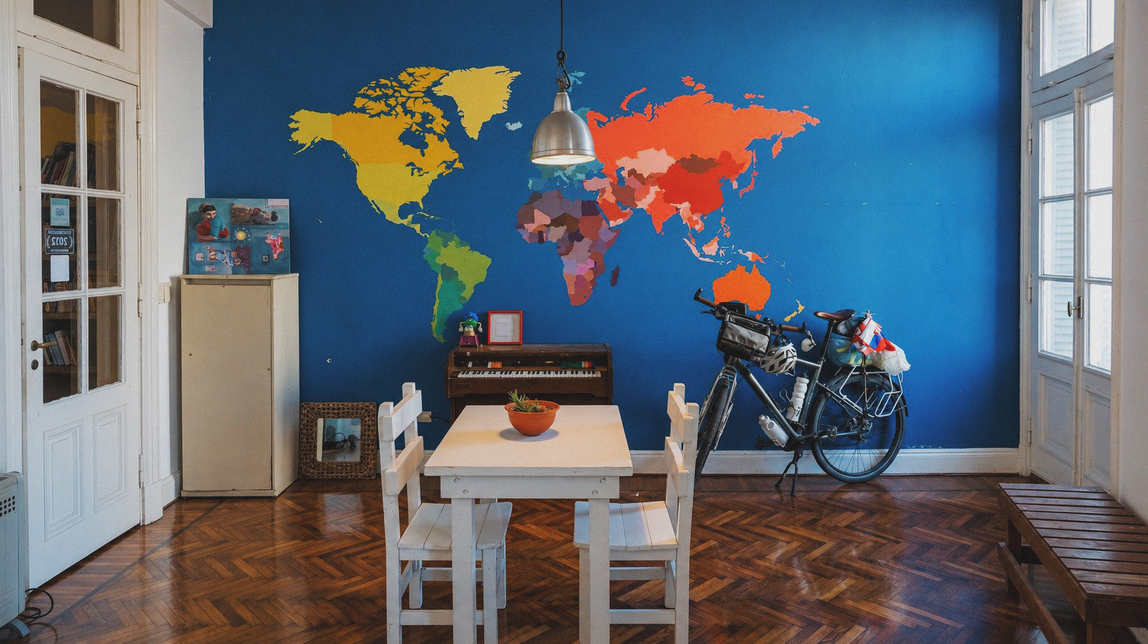Comedor con mural del mapa del mundo